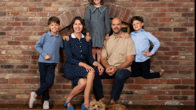 Lucy and J.B. Smith with their children, Johnny, 9, Ruby, 7, and Charlie, 6, at their home in Indianapolis, August 27, 2025. Their dog Woody is in some images.